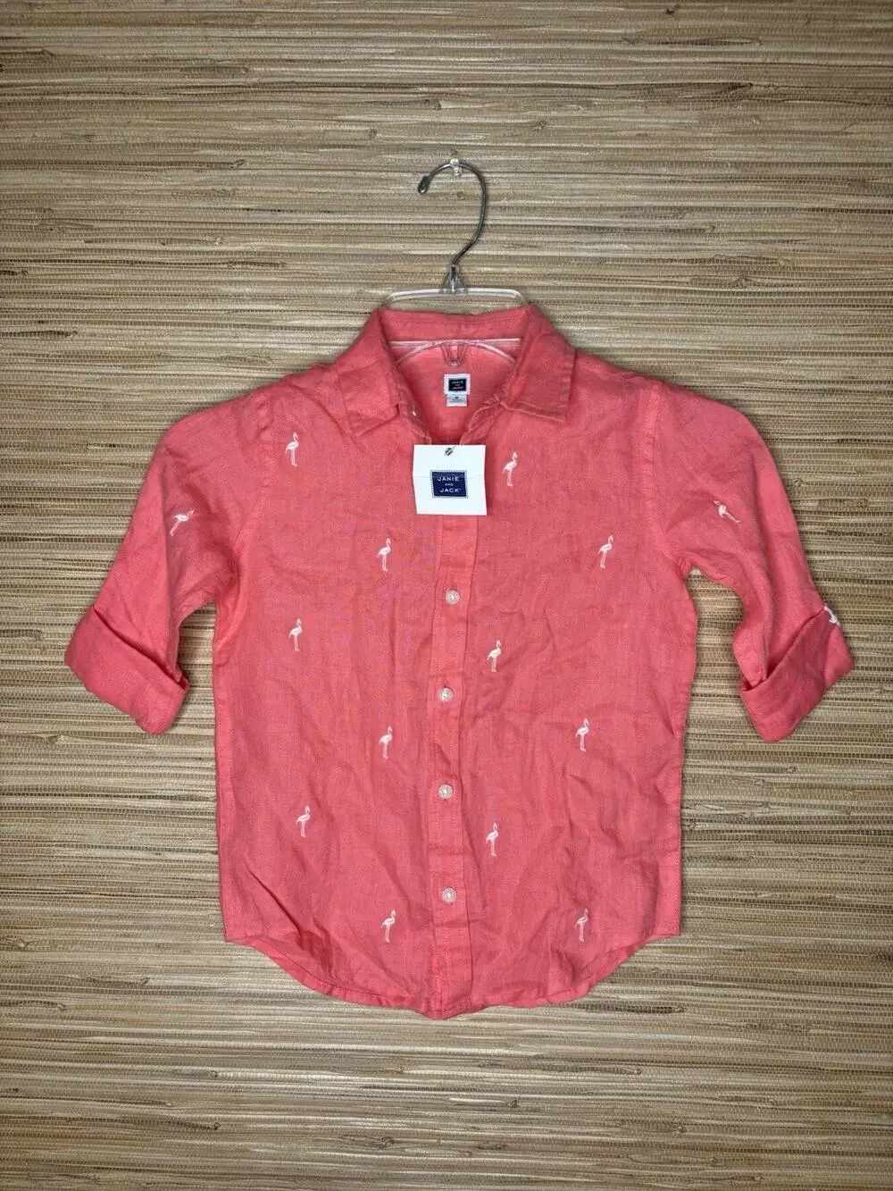 NWT Janie and Jack Boy’s Game Set Linen Button Up Flamingo Shirt Coral Sz 5